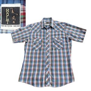 1980s Plaid Checked Snap Button Western Shirt Short Sleeve / Men’s Medium *